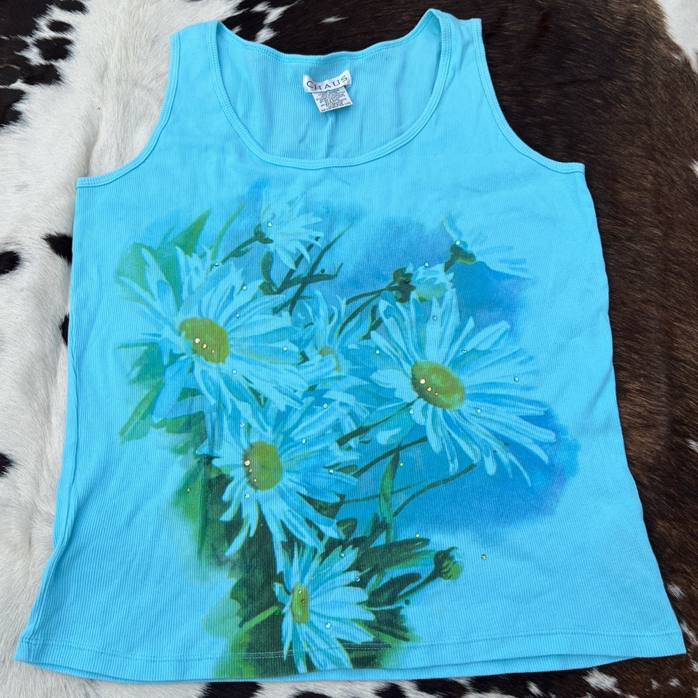 Chaus 90s vintage bedazzled turquoise and green daisy flower floral tank top